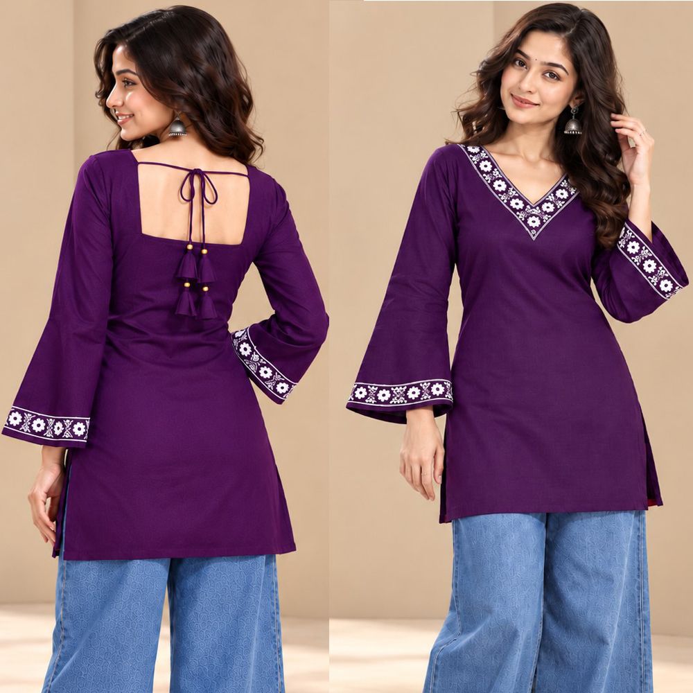 Aura Premium Embroidered Ethnic Top in PURPLE color
