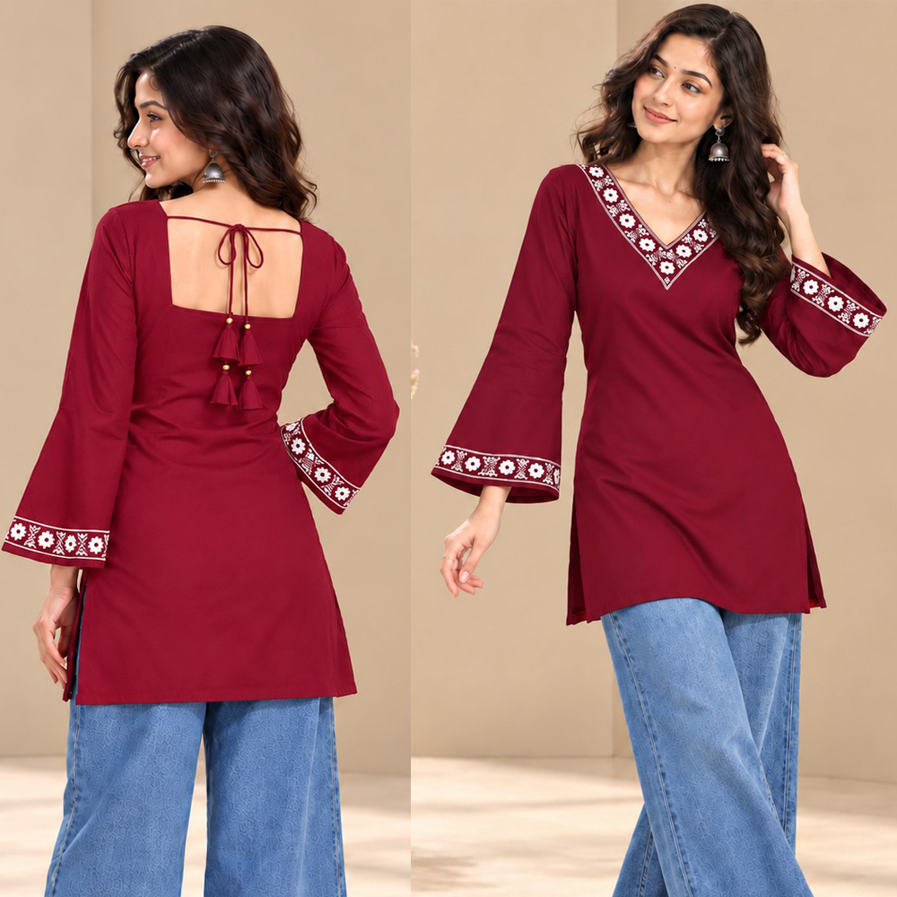 Aura Premium Embroidered Ethnic Top in MAROON color