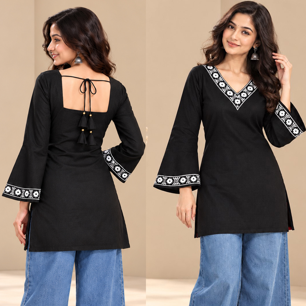 Aura Premium Embroidered Ethnic Top in BLACK color