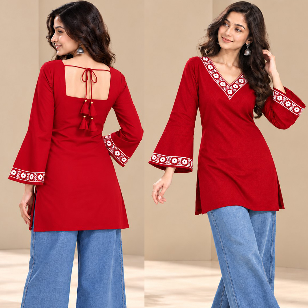 Aura Premium Embroidered Ethnic Top in RED color